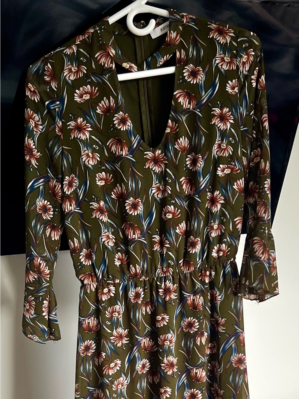 Floral Olive Green V-Neck Women's Top